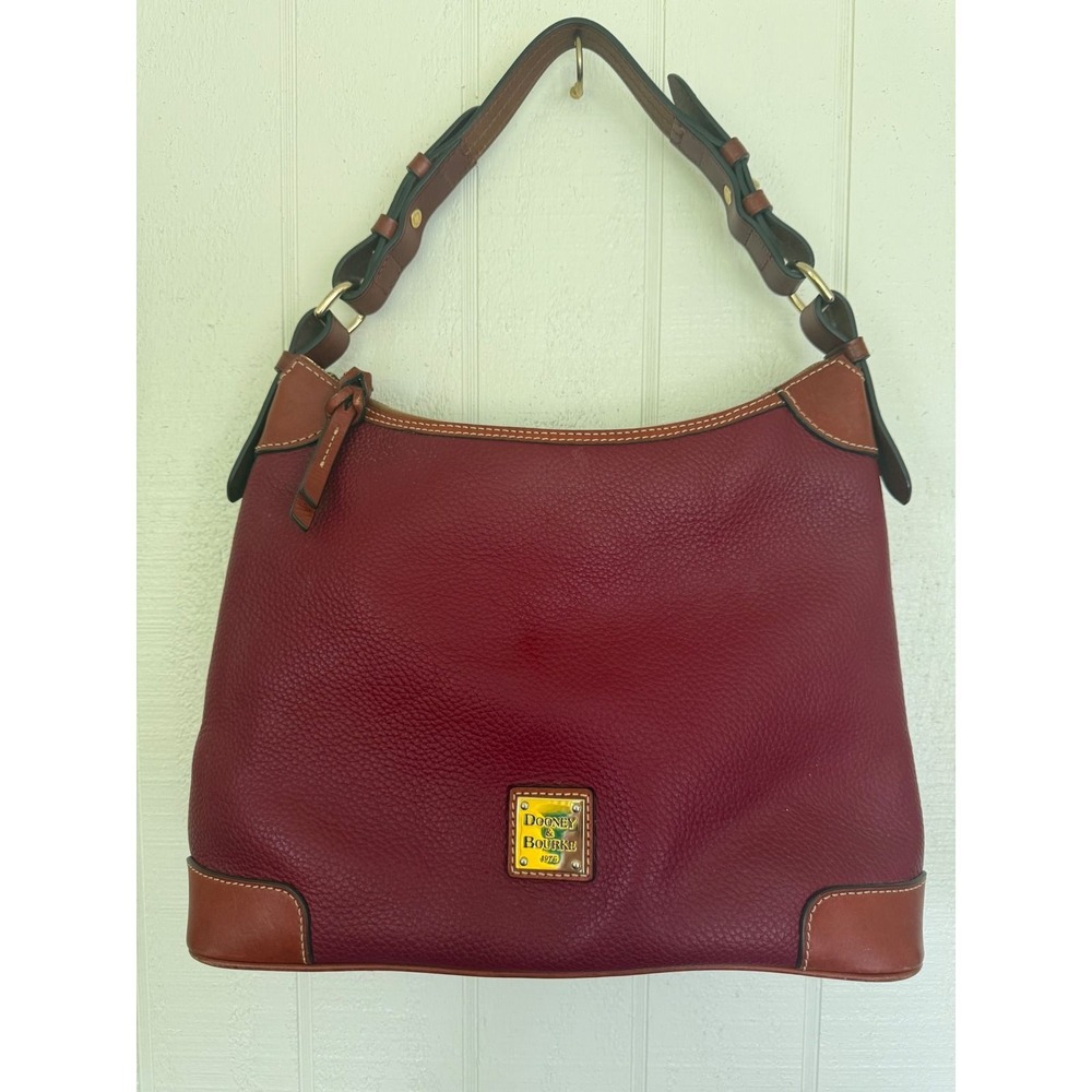 Dooney & Bourke Pebble Grain Leather Hobo Shoulder Bag Burgundy Wine Tan Trim
